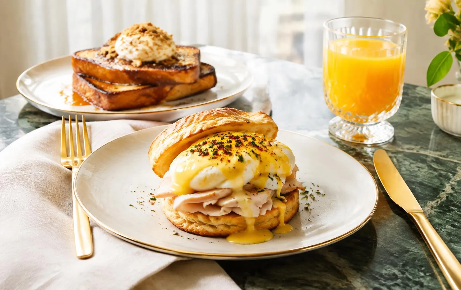 Turkey biscuit benedict and crème brûlée French toast