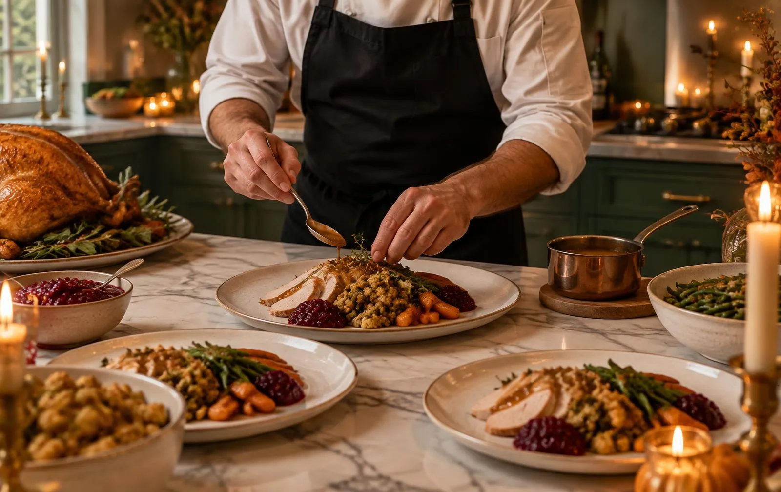 Chef Jharvis plating Thanksgiving dinner in a private home