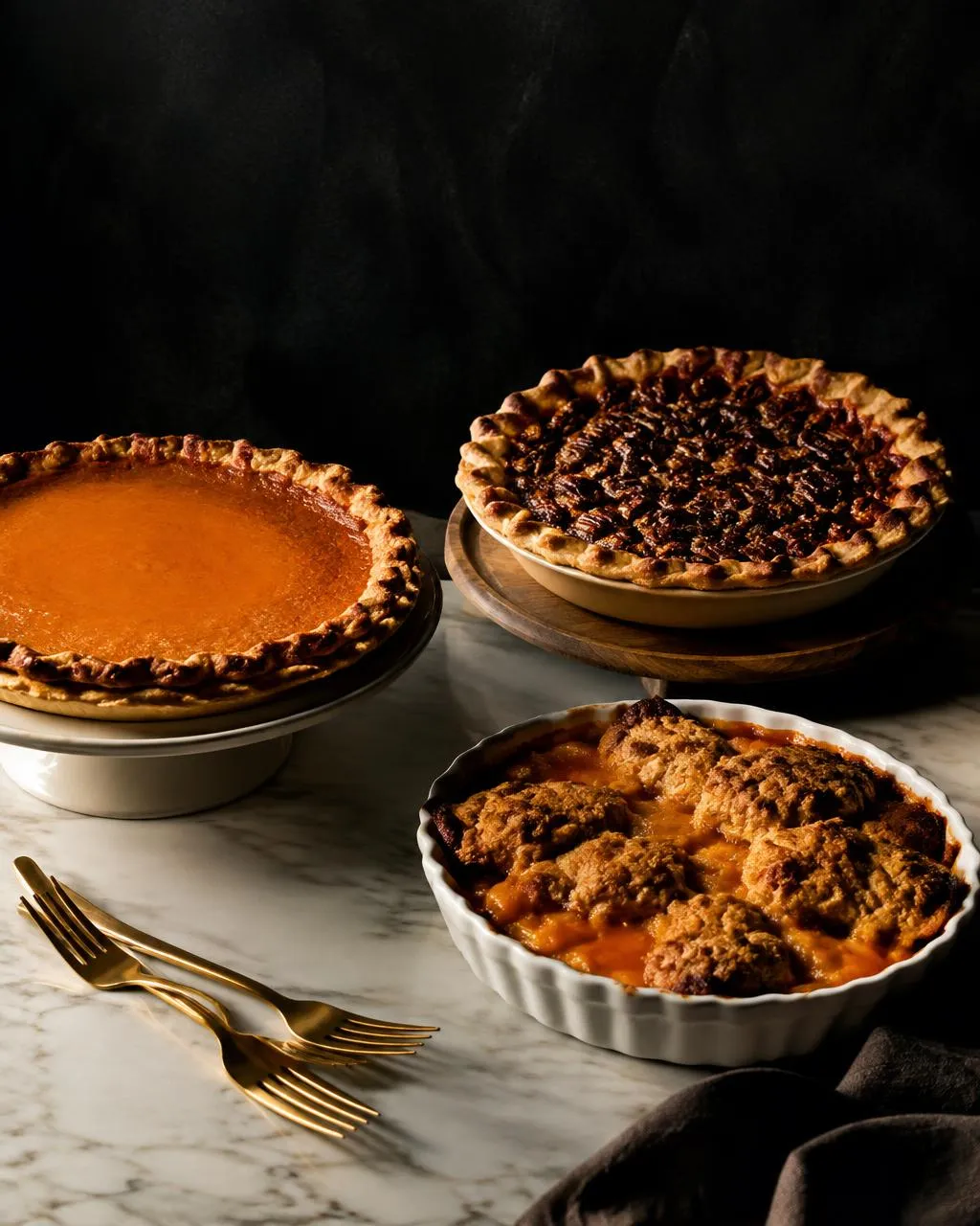 Sweet potato pie, bourbon pecan pie and peach cobbler