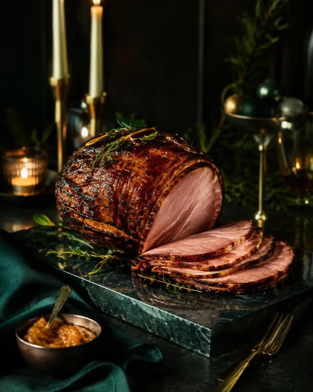Peach bourbon glazed ham on green marble