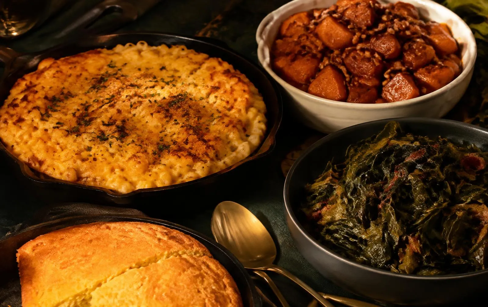 Five-cheese mac and cheese, candied yams, collard greens and cornbread